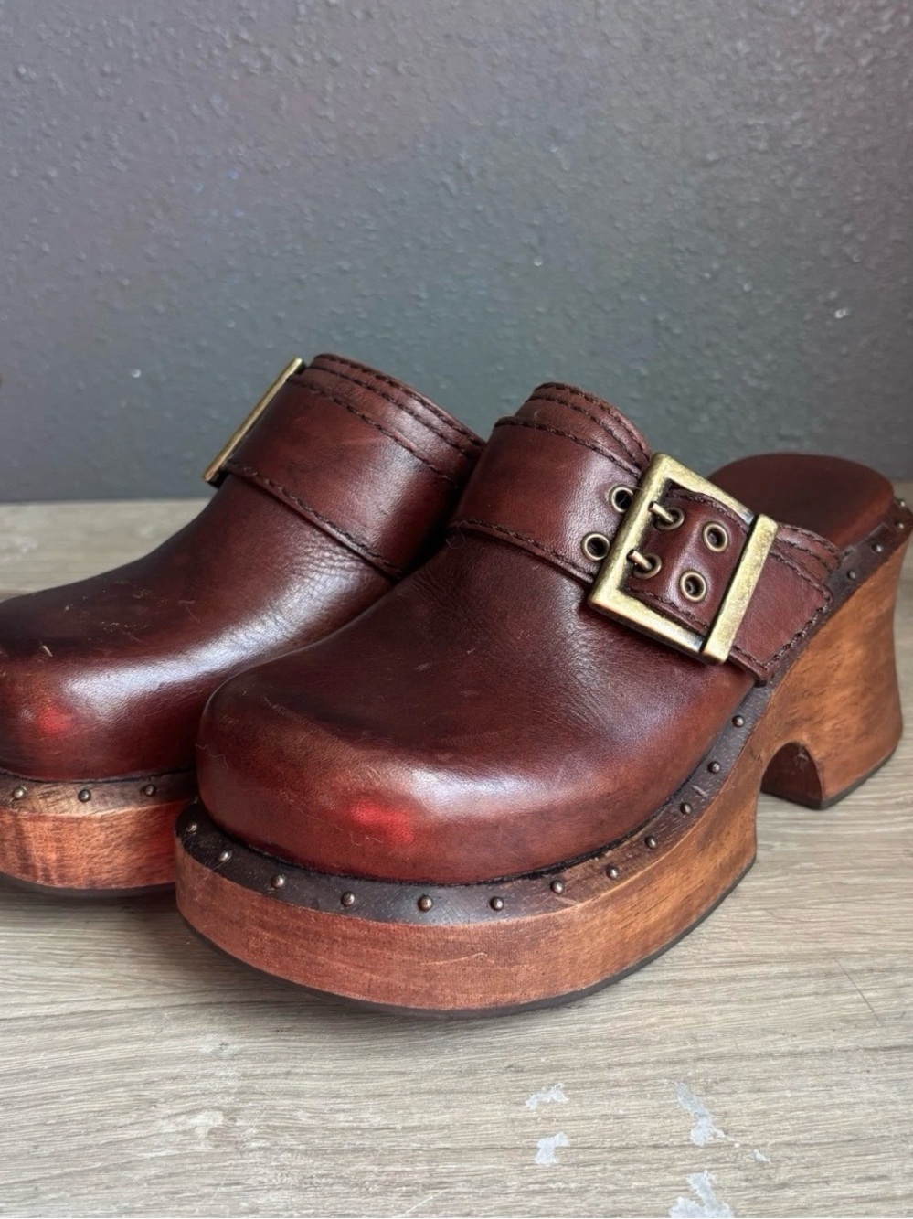 Vintage MIA Clog Platform Chunky Shoes Sandals 90s Y2K Wooden Block Heel Size 5m